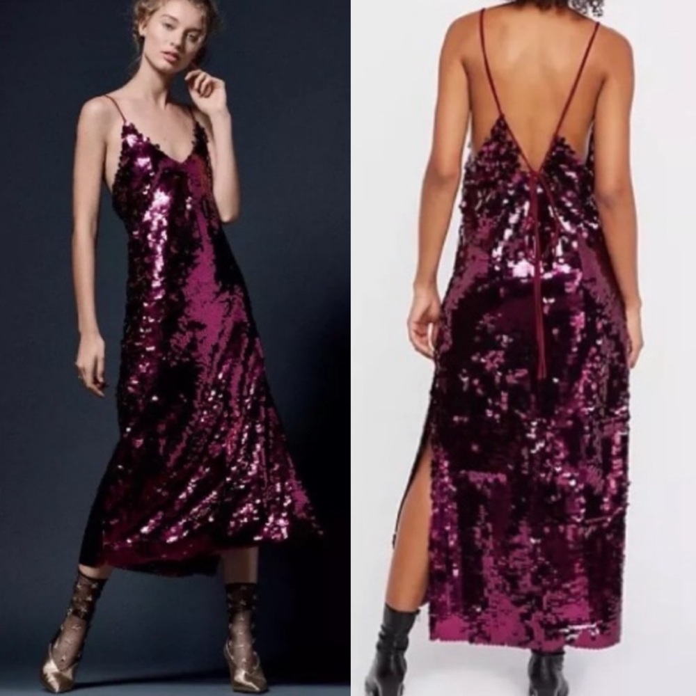 Free People Pailette Sequin Midi Dress in Burgundy